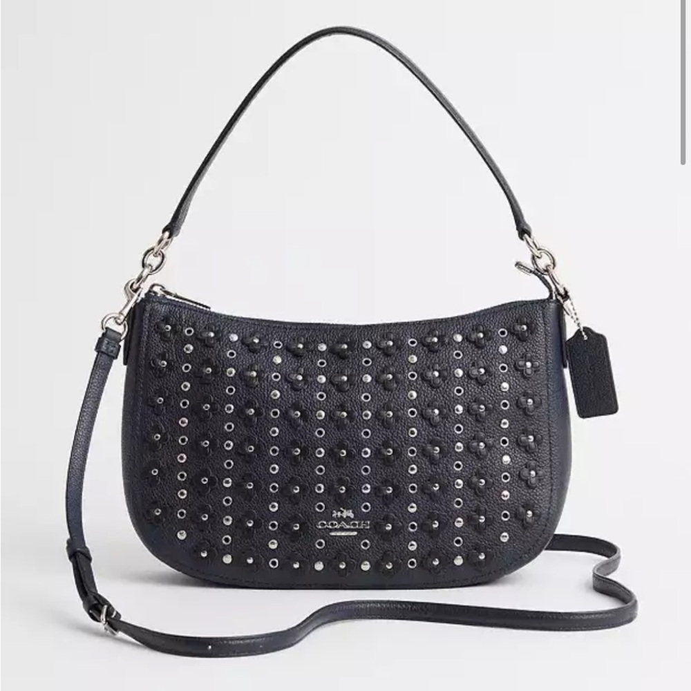 Coach navy chelsea with silver rivets and flowers